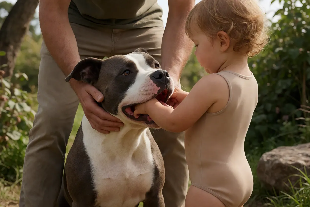 American Staffordshire Terrier brincando supervisionado com crian&ccedil;a