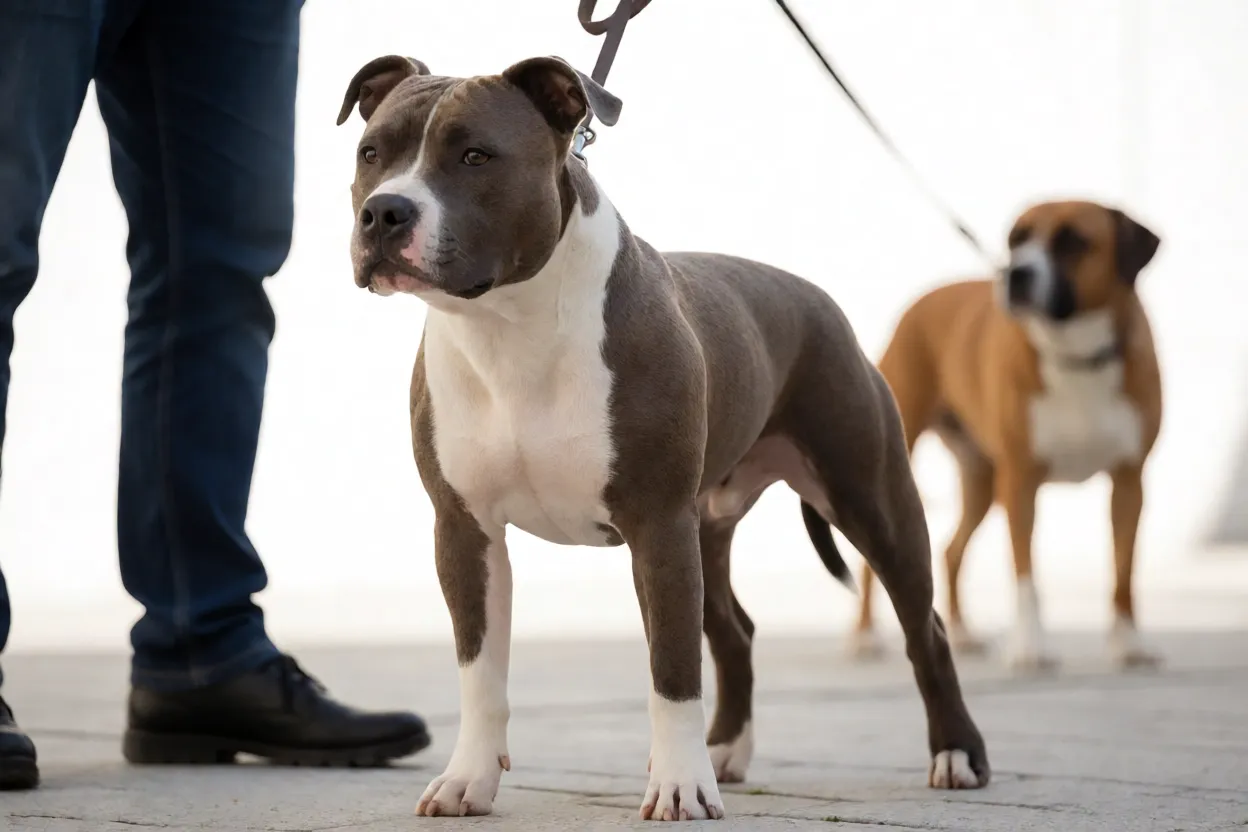 American Staffordshire Terrier observando outro c&atilde;o com cautela