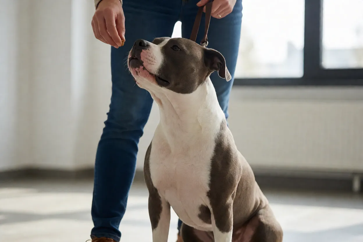 American Staffordshire Terrier em sess&atilde;o de treinamento com recompensa