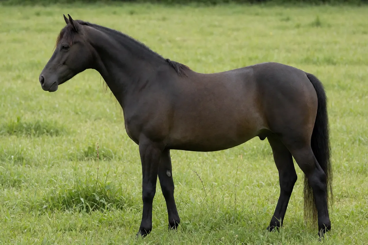 American Walking Pony adulto em pé de perfil no pasto mostrando conformação da raça