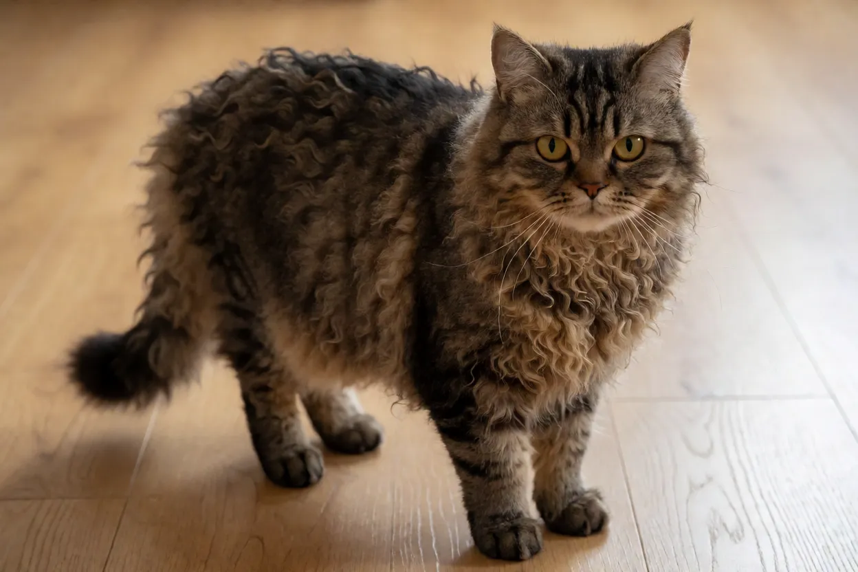 Gato American Wirehair adulto de corpo inteiro mostrando pelagem de arame encaracolada