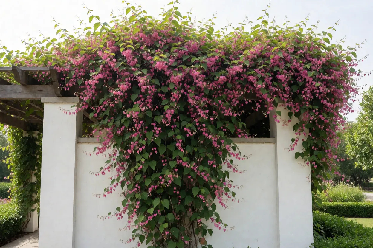 Amor-agarradinho Amor-agarradinho cobrindo muro e pergolado com flores rosas