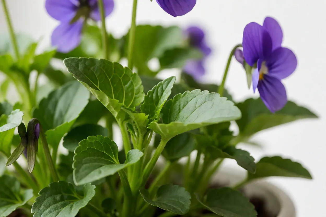 Detalhe bot&acirc;nico das folhas e flores do amor-perfeito Viola x wittrockiana