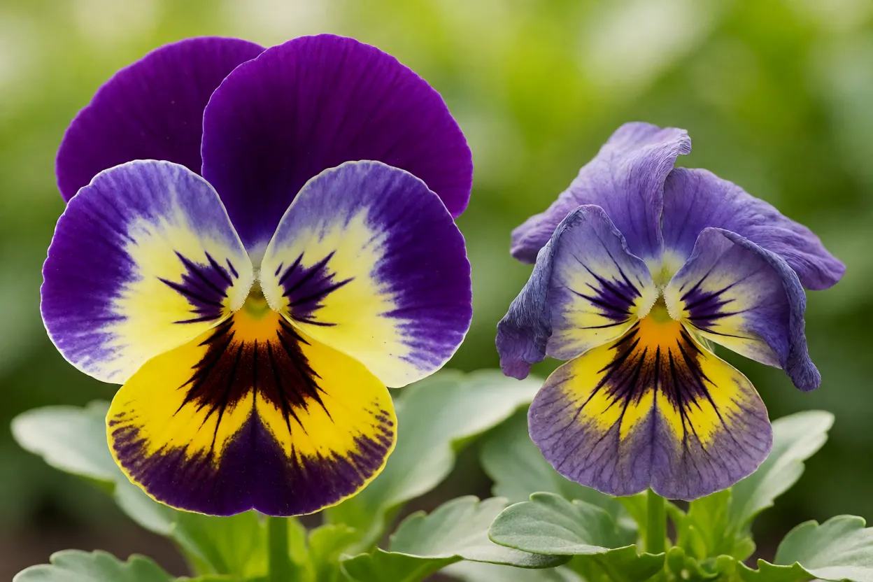 Amor-perfeito com p&eacute;talas saud&aacute;veis versus planta com problemas de cultivo
