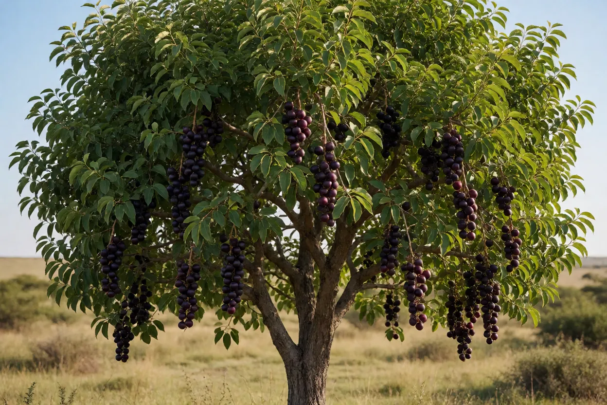 Árvore de amora-do-ébano carregada de frutos roxos maduros