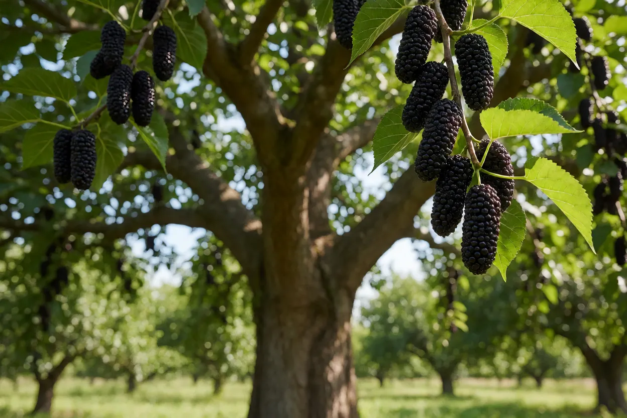 Árvore de amora-gigante carregada de frutos escuros alongados
