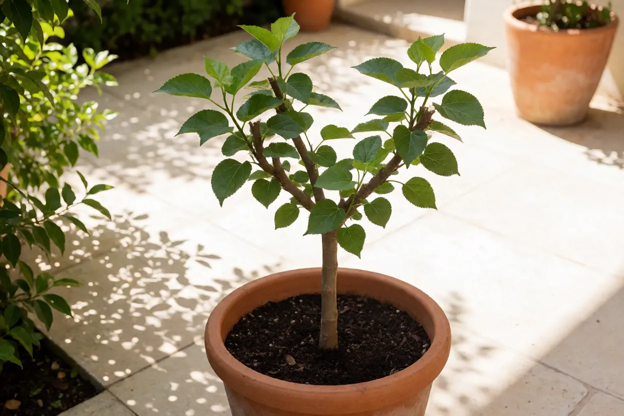 Muda de amora-gigante cultivada em vaso grande em área ensolarada