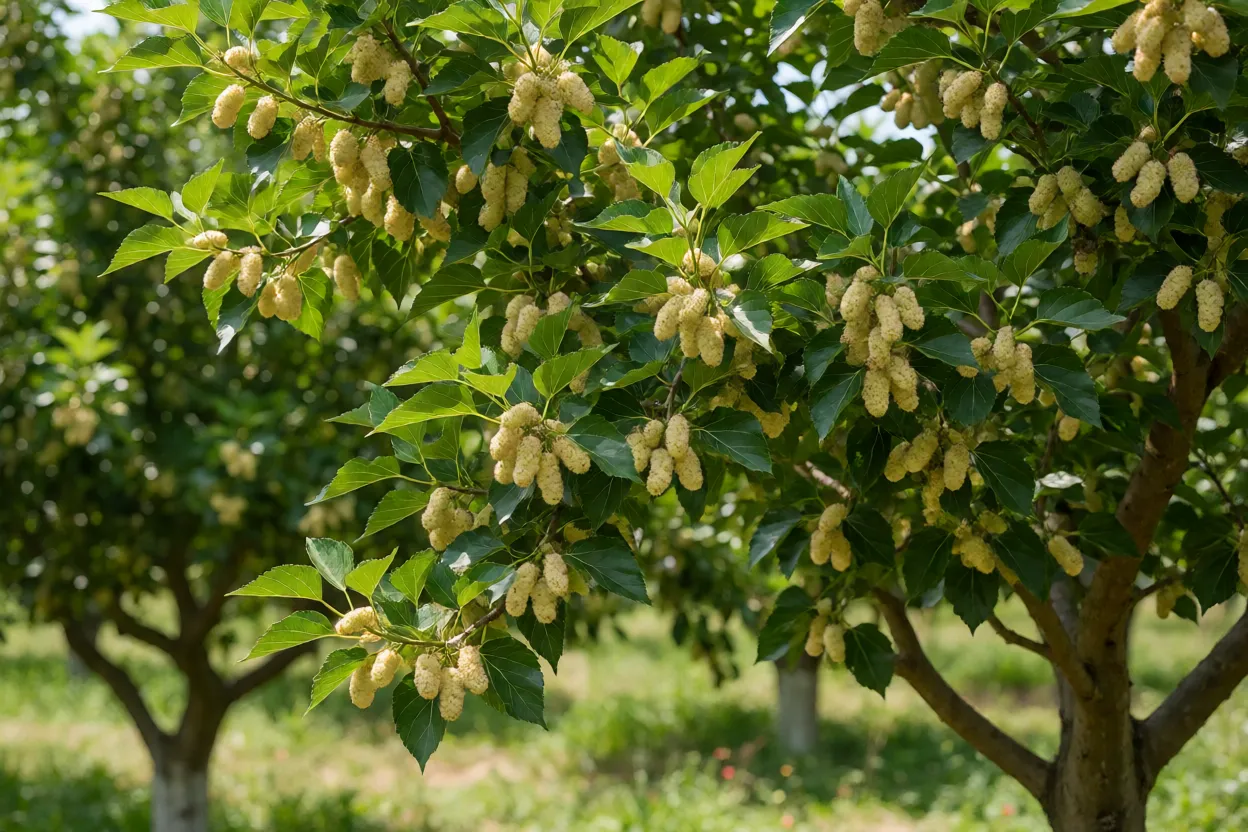 Árvore de amoreira-branca carregada de frutos branco-creme