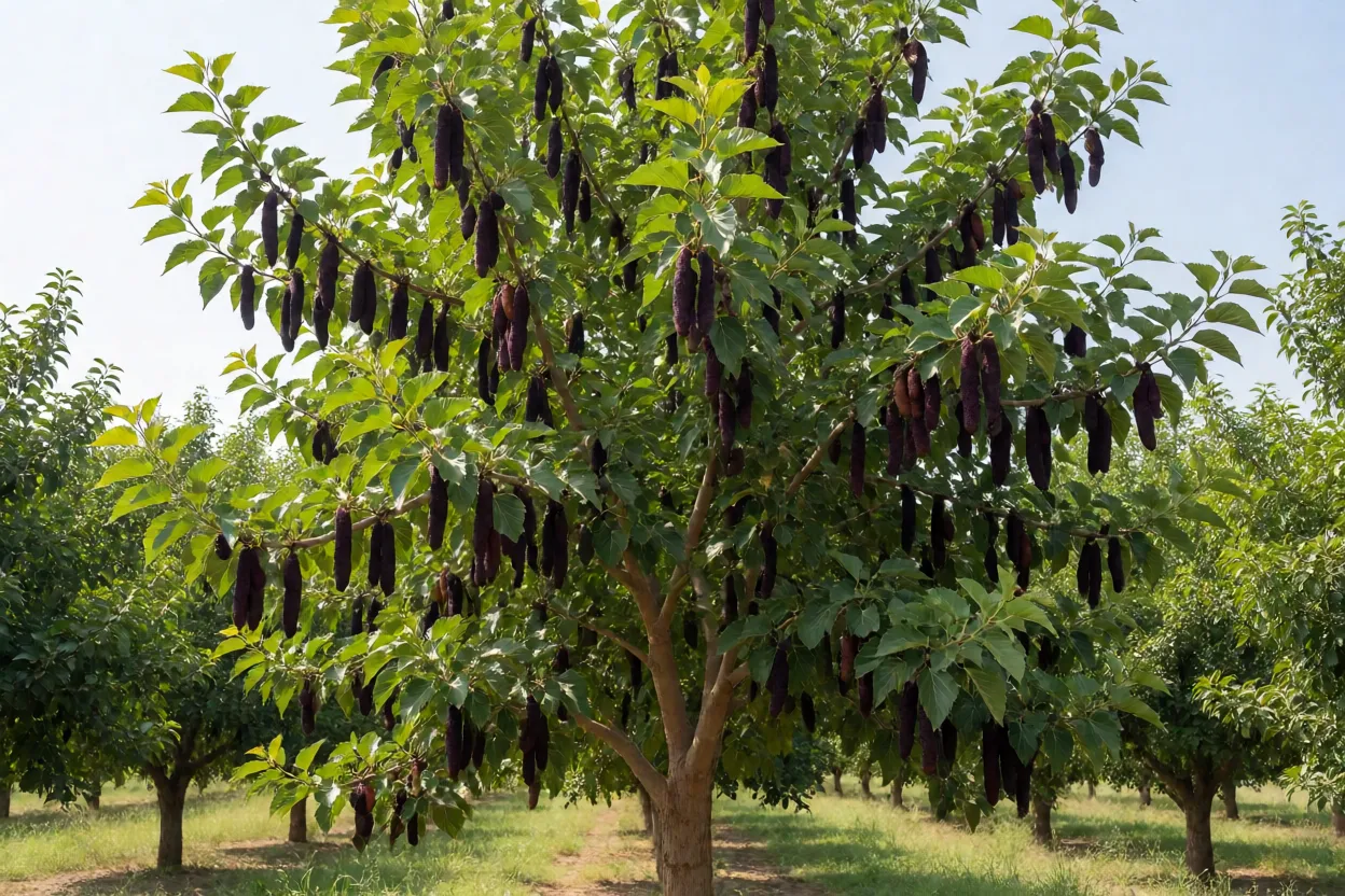 Árvore de amoreira-do-paquistão carregada de frutos longos roxo-escuros