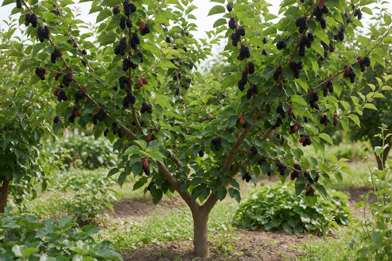 Amoreira-negra Árvore de amoreira-negra carregada de frutos roxo-pretos maduros