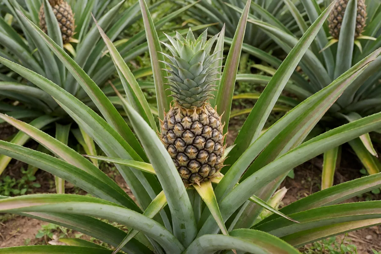 Ananazeiro com abacaxi maduro na planta em pomar tropical