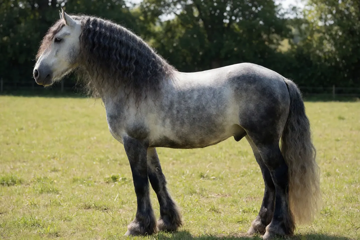 Cavalo Andaluz adulto tordilho em perfil na pastagem mostrando conformação barroca