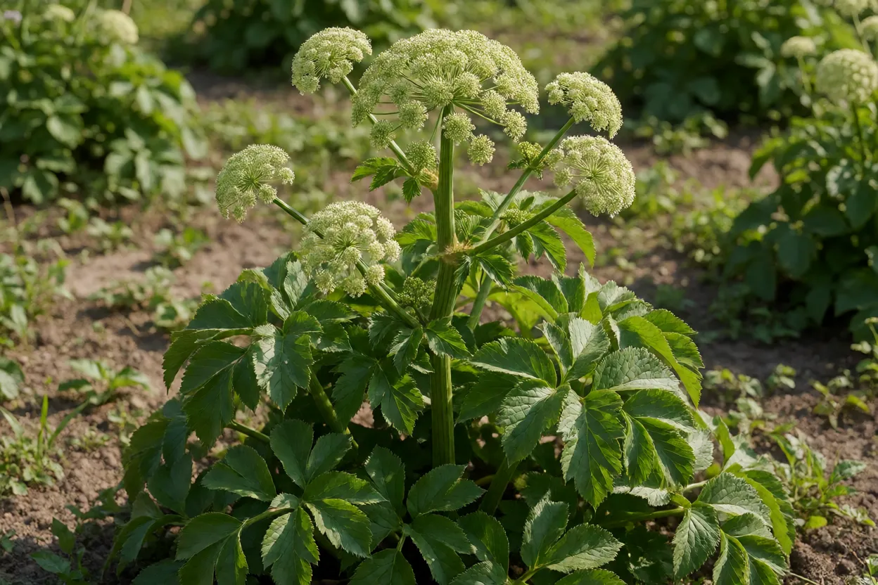 Angélica adulta com caule alto e umbelas branco-esverdeadas no jardim