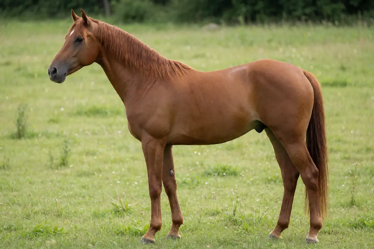 Cavalo Anglo-Árabe adulto castanho em pé de perfil no pasto