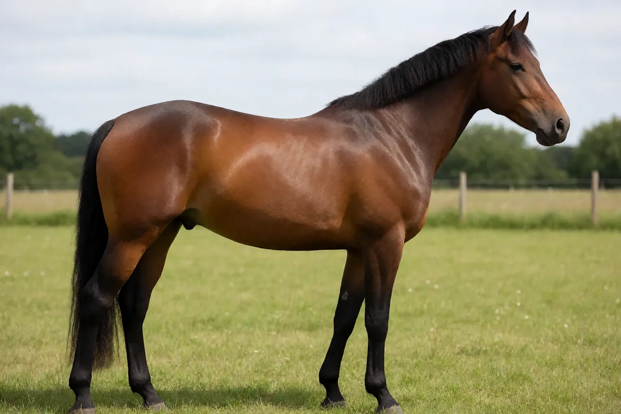 Cavalo Anglo-Normando adulto de pelagem castanha em vista lateral na pastagem