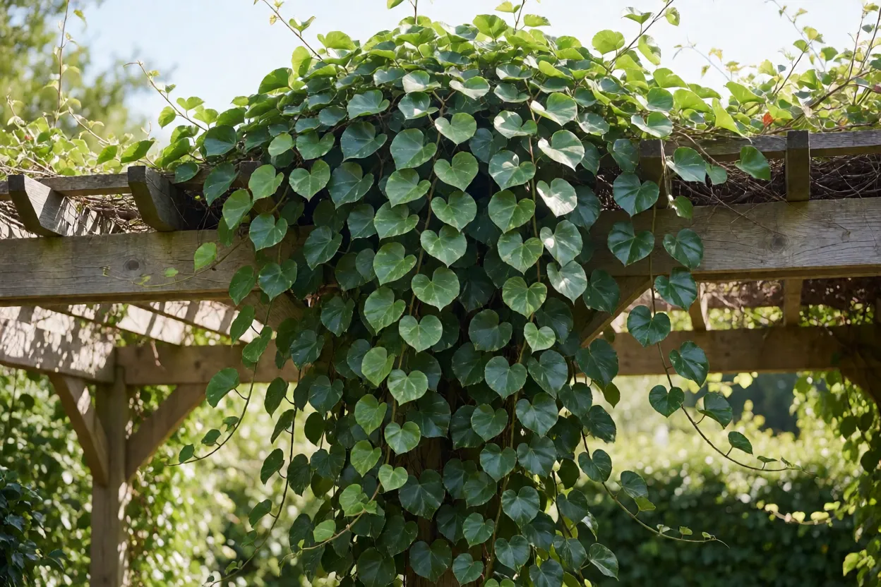 Anredera cordifolia adulta cobrindo pergolado com folhas em forma de coração