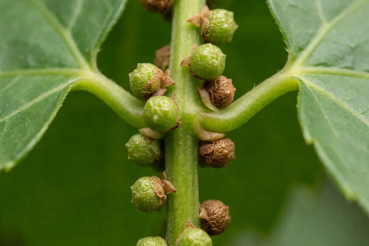 Detalhe dos bulbilos aéreos de Anredera nas axilas das folhas