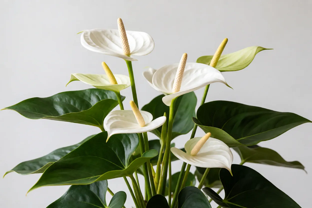 Ant&uacute;rio branco em flora&ccedil;&atilde;o cont&iacute;nua com v&aacute;rias espatas