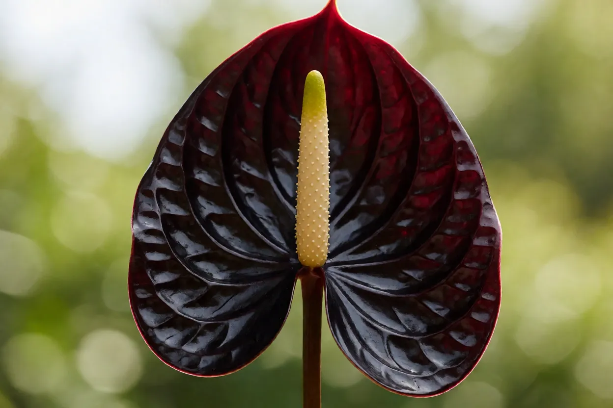 Detalhe da espata brilhante e do esp&aacute;dice amarelo do ant&uacute;rio-negro