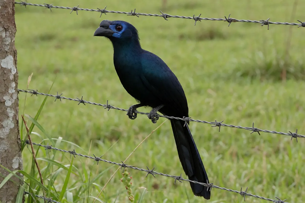 Anu-preto Anu-preto pousado em cerca de arame farpado em pastagem