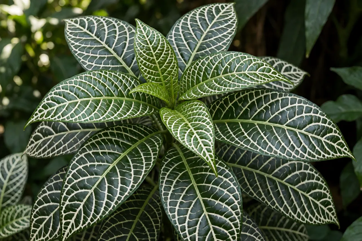 Aphelandra squarrosa com folhas verdes escuras e nervuras brancas brilhantes