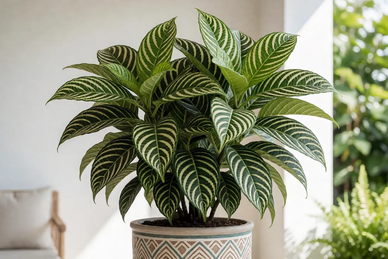 Aphelandra saud&aacute;vel em vaso decorativo com folhagem contrastante