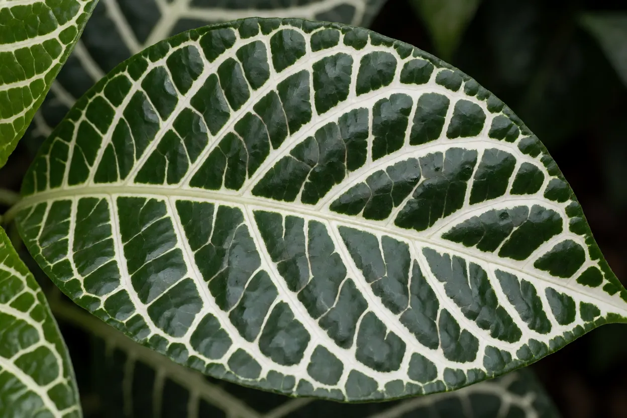 Detalhe das folhas da Aphelandra com nervuras brancas em contraste