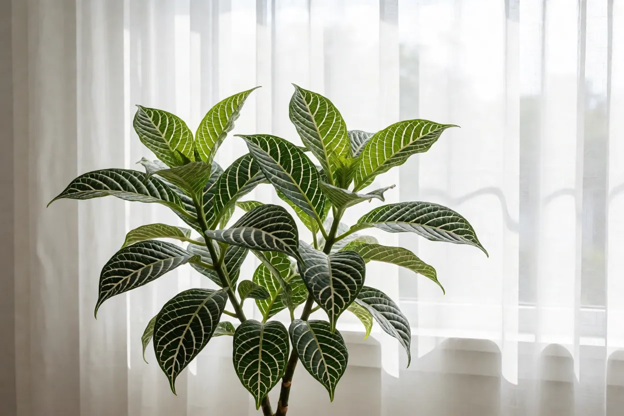 Aphelandra posicionada perto de janela com luz filtrada