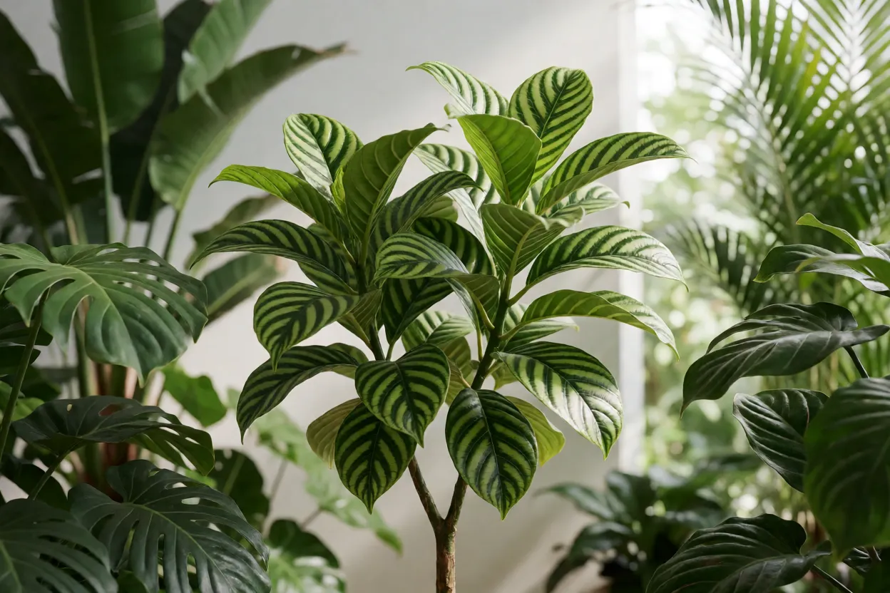 Aphelandra em ambiente &uacute;mido com outras plantas tropicais