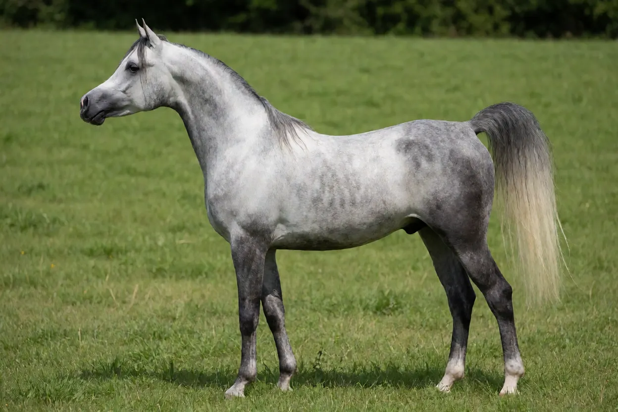 Cavalo Árabe adulto tordilho em pé de perfil no pasto mostrando conformação da raça