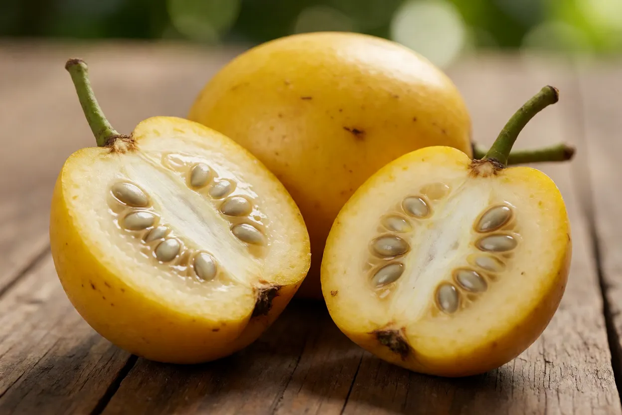 Frutos de araçá-amarelo inteiros e cortado ao meio mostrando polpa e sementes