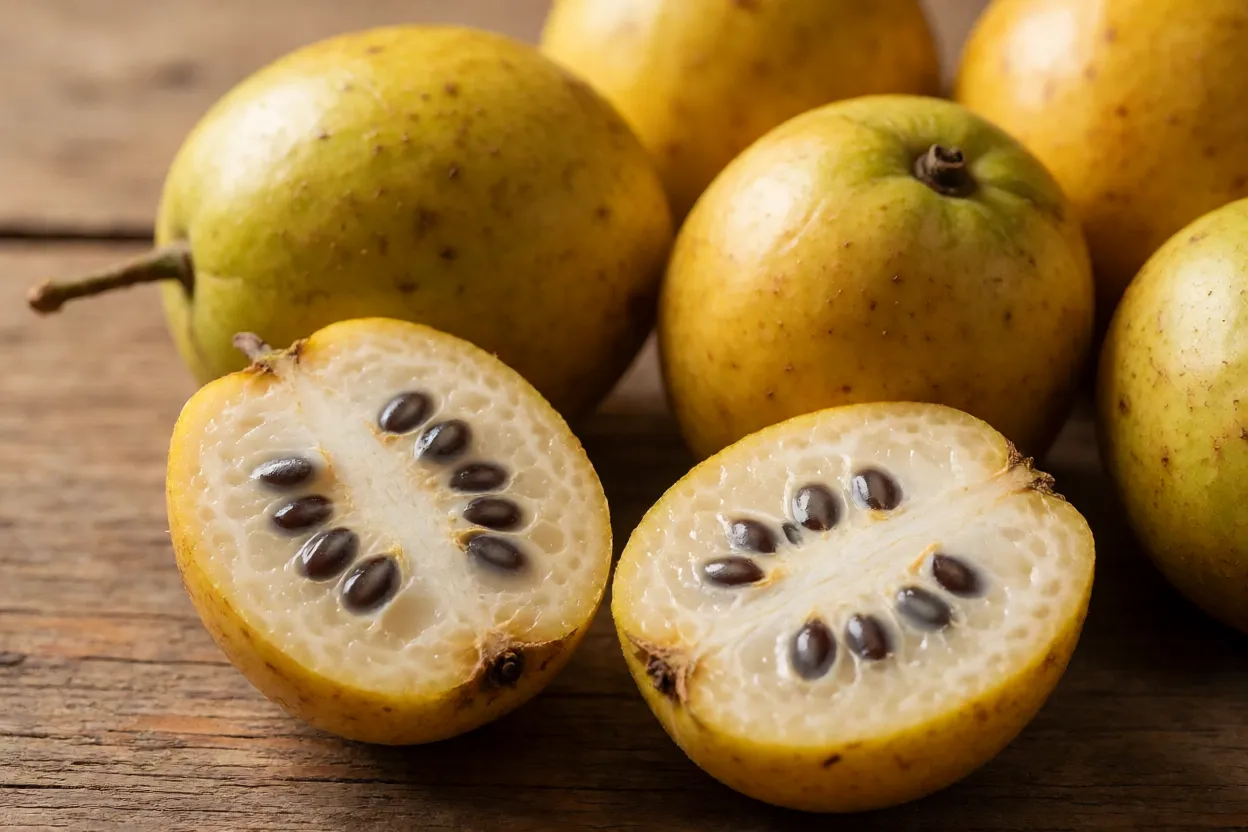 Frutos de araçá-de-minas inteiros e cortados mostrando polpa clara