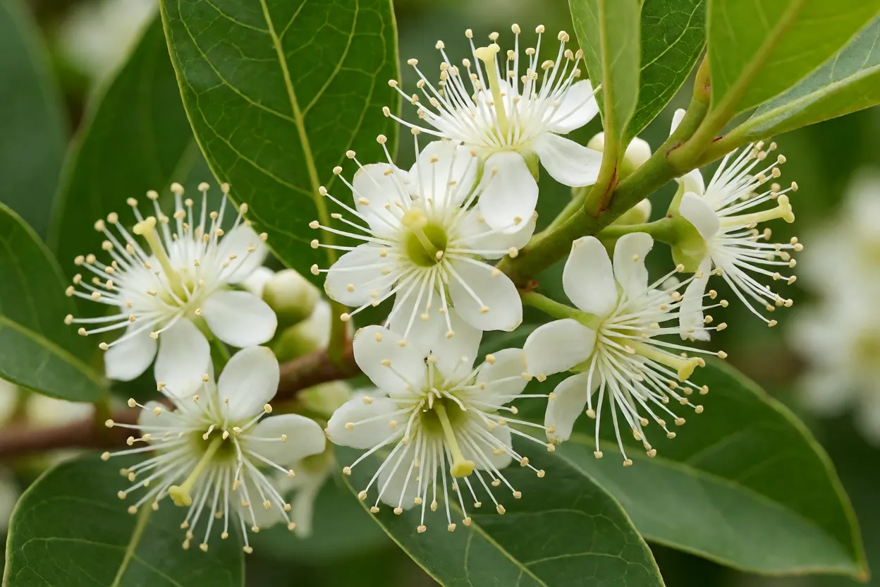 Flores brancas do araçá-de-minas com muitos estames