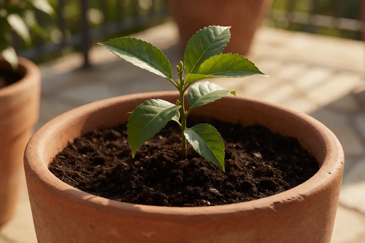 Muda de araçá-de-minas em vaso grande em varanda ensolarada