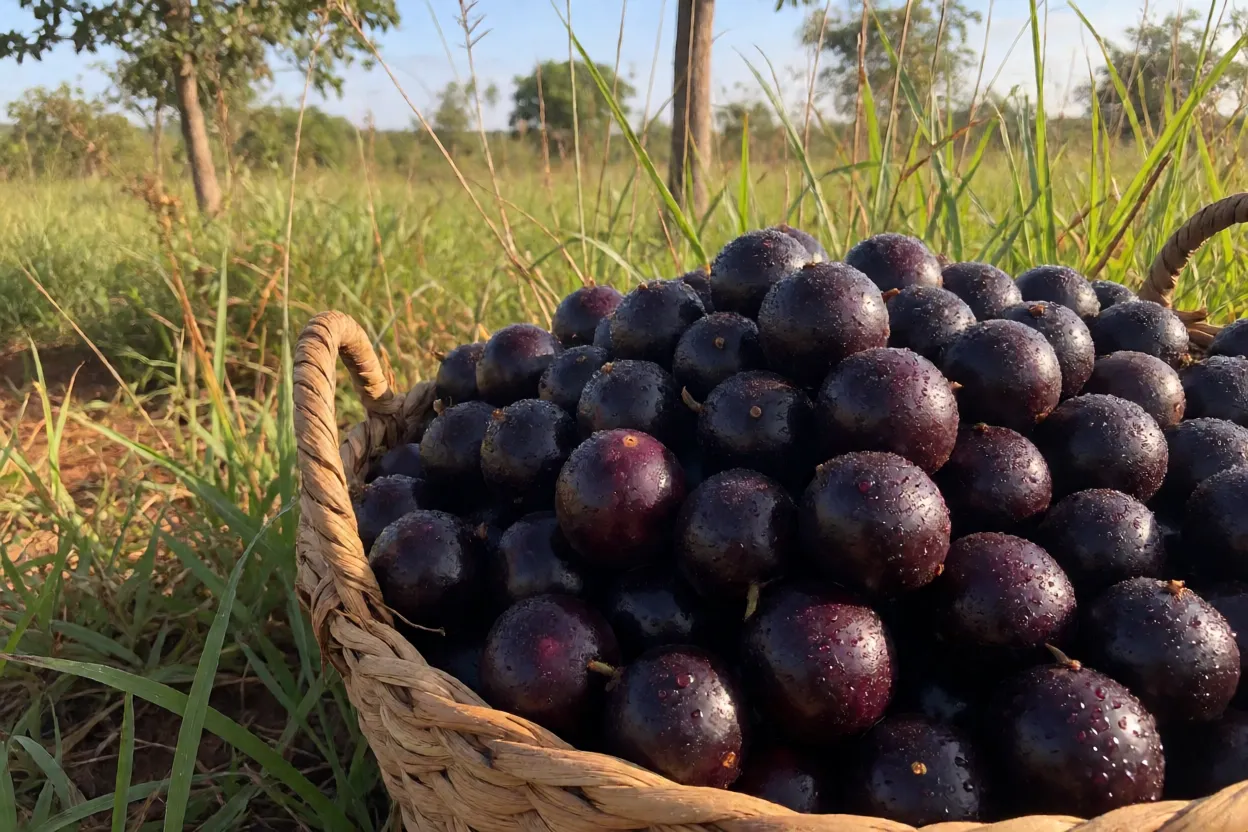 Cesto com colheita de araçá-de-minas recém-colhidos