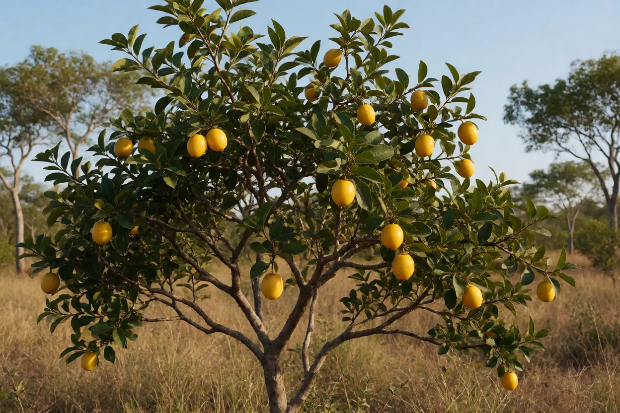 Arbusto de araçá-do-campo carregado de frutos amarelos no Cerrado