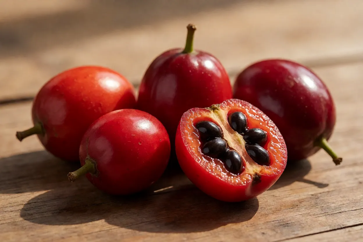 Frutos de araçá-piranga inteiros e cortado ao meio mostrando polpa e sementes