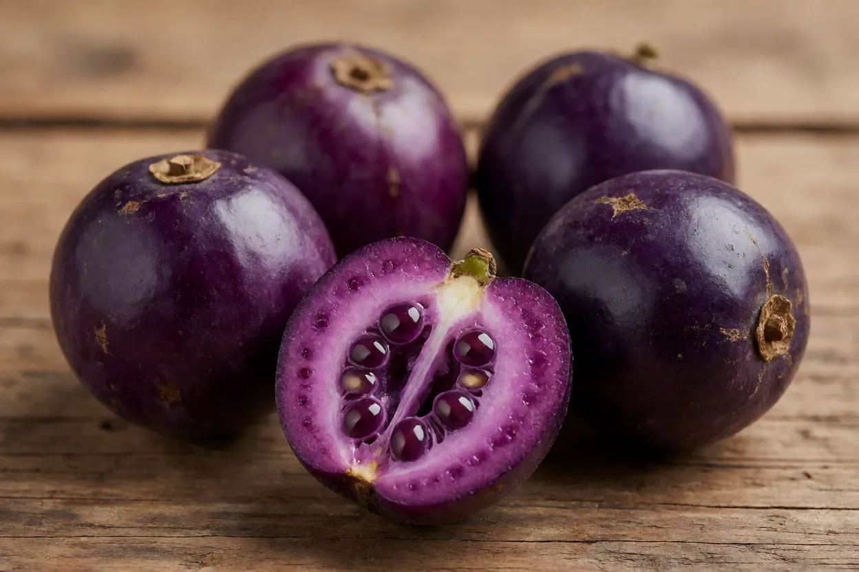 Frutos de araçá-roxo inteiros e cortado ao meio mostrando polpa roxa