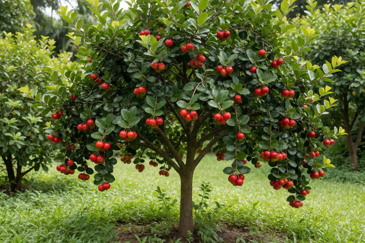 Árvore de araçá-vermelho carregada de frutos maduros no quintal