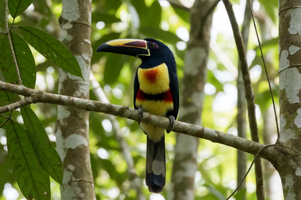 Araçari-de-bico-branco Araçari-de-bico-branco de corpo inteiro pousado em galho na Amazônia