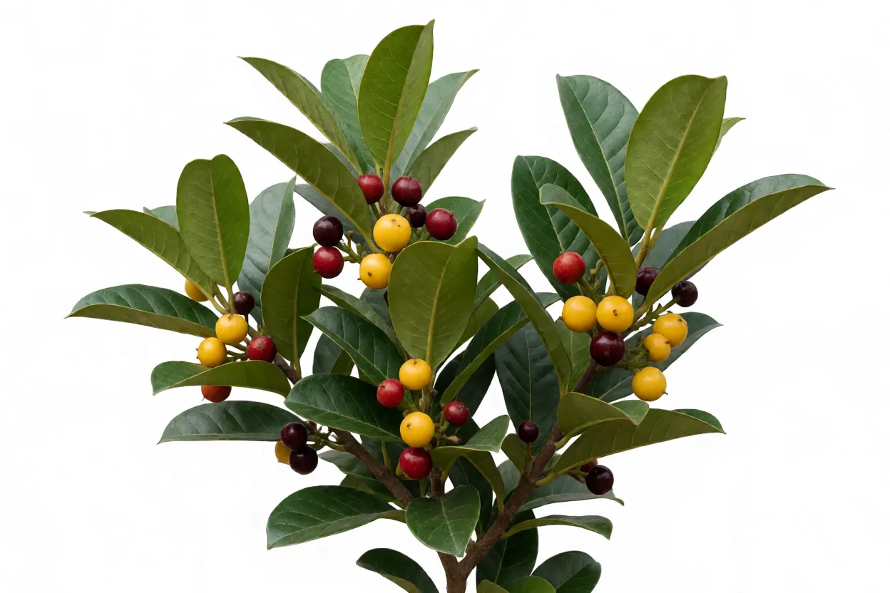 Ara&ccedil;azeiro com folhas brilhantes e frutos amarelos e vermelhos