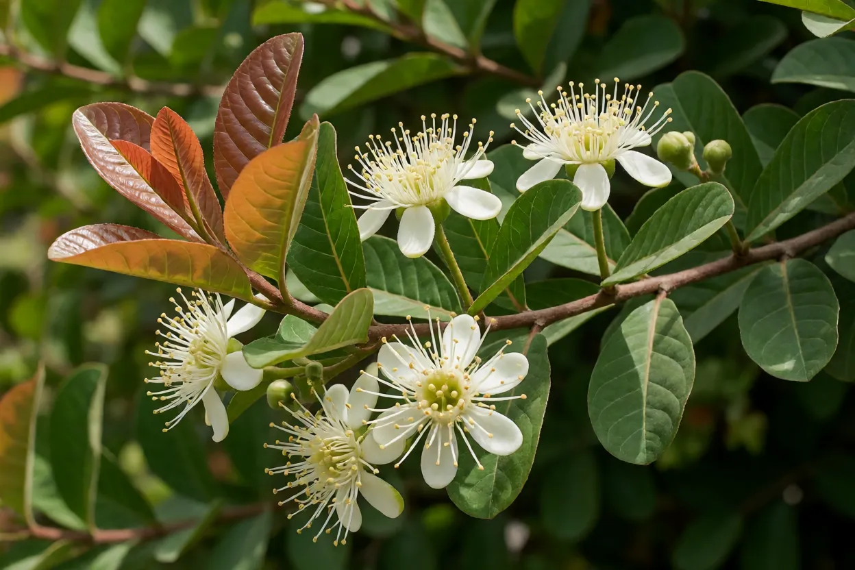 Flores brancas e folhas novas avermelhadas do ara&ccedil;azeiro