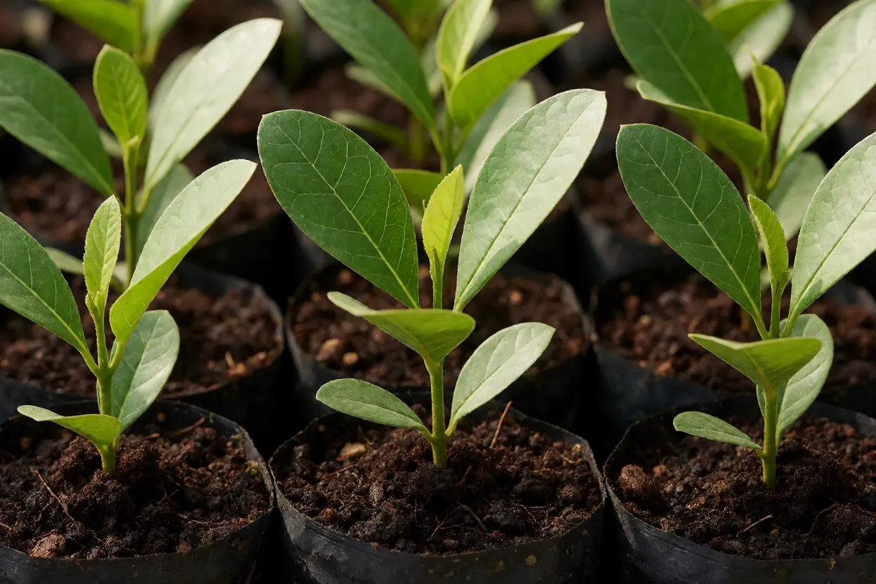 Mudas de ara&ccedil;azeiro germinando em saquinhos