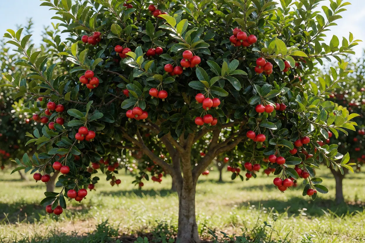 Araçazeiro-vermelho com frutos vermelhos maduros na árvore em pomar ensolarado