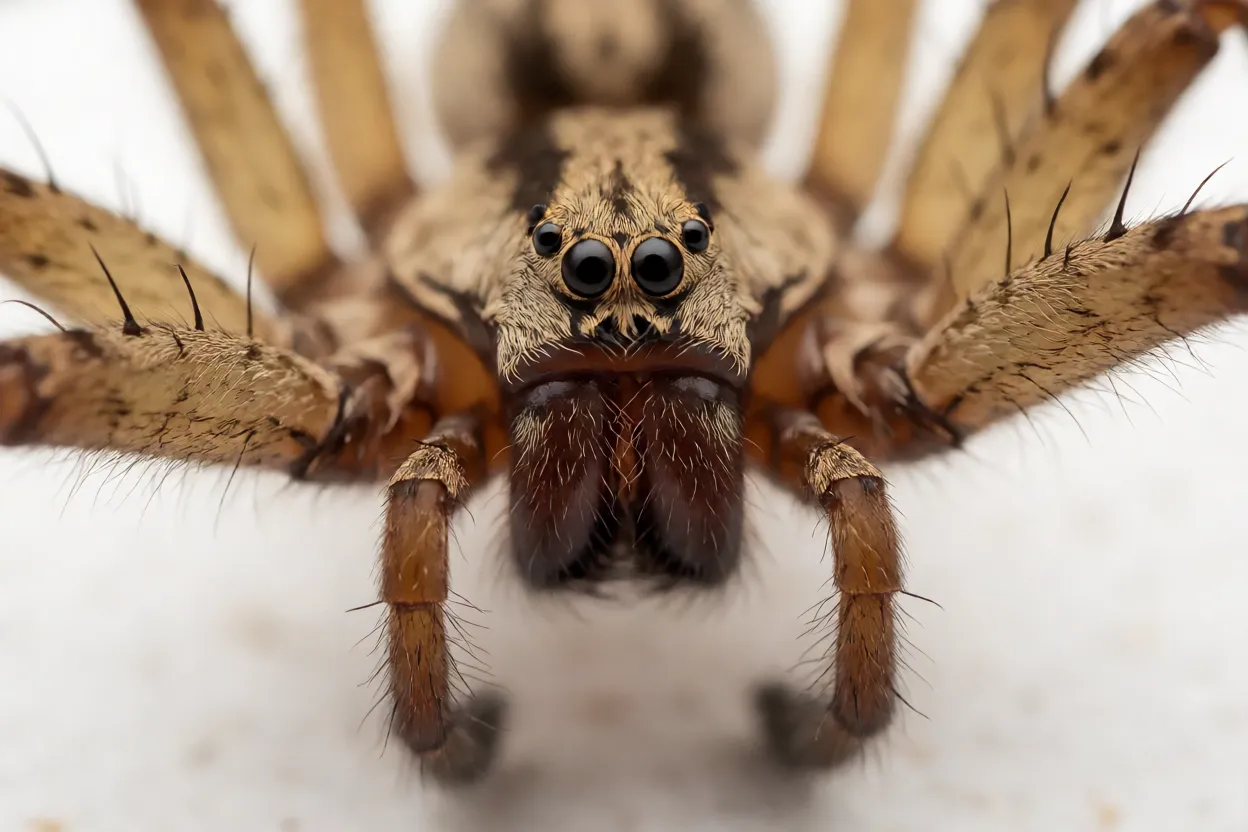 Close dos olhos e quelíceras da aranha-caçadora