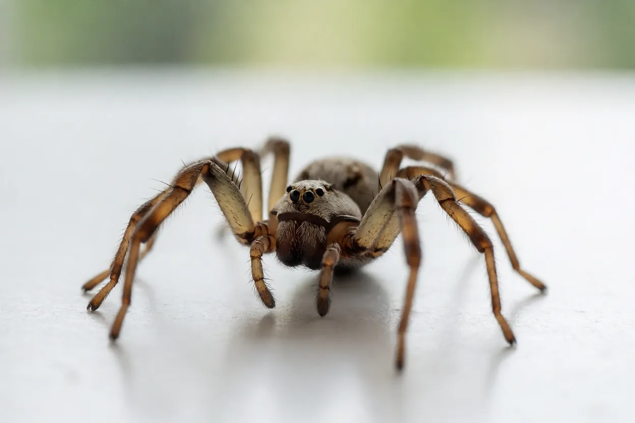 Fêmea de aranha-caçadora carregando ooteca branca