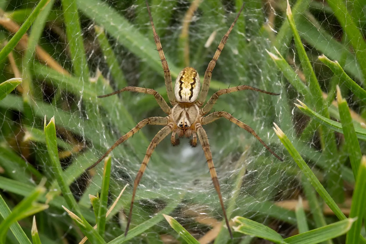 Aranha-de-grama sobre sua teia em funil no gramado