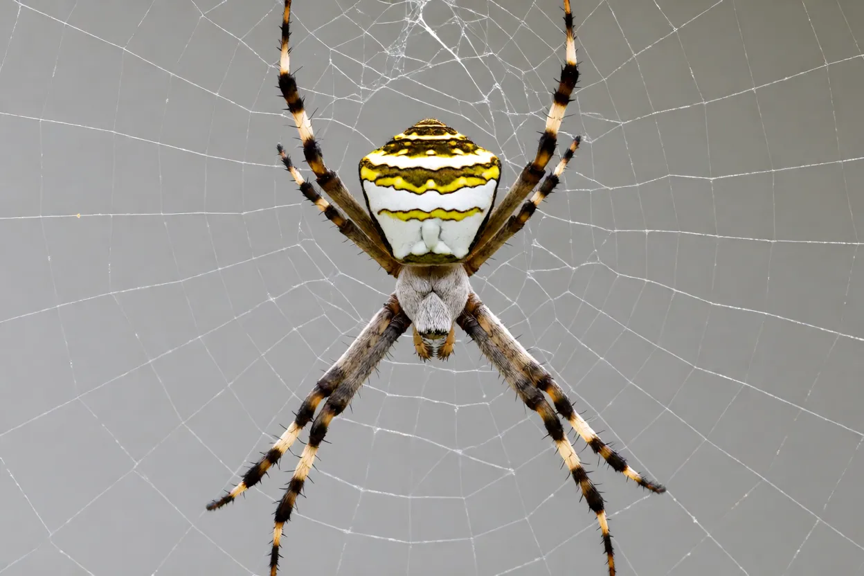Aranha-de-prata Argiope argentata vista dorsal mostrando abdômen prateado na teia