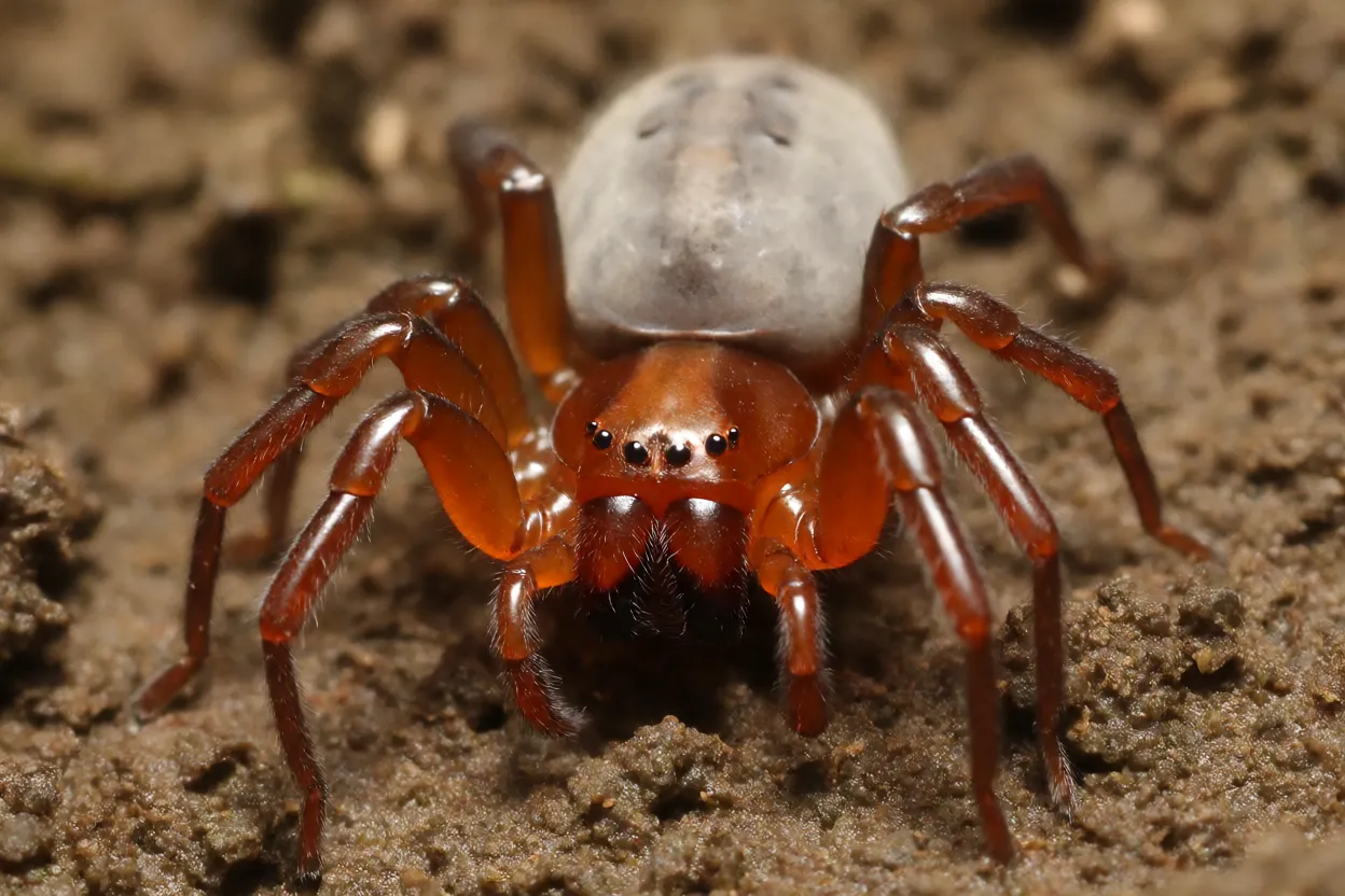 Aranha-dos-bichos-de-conta (Dysdera crocata) de corpo inteiro sobre solo úmido