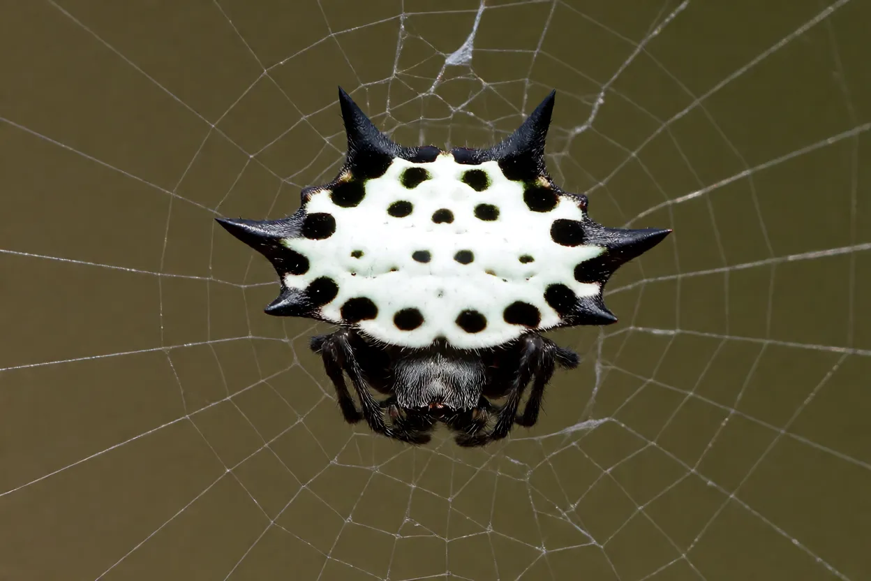 Aranha-espinhosa fêmea branca com seis espinhos no centro da teia orbital